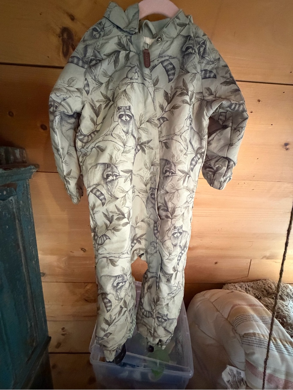 Kids One-Piece Raccoon Print rainsuit/puddle jumper - sage/Gray